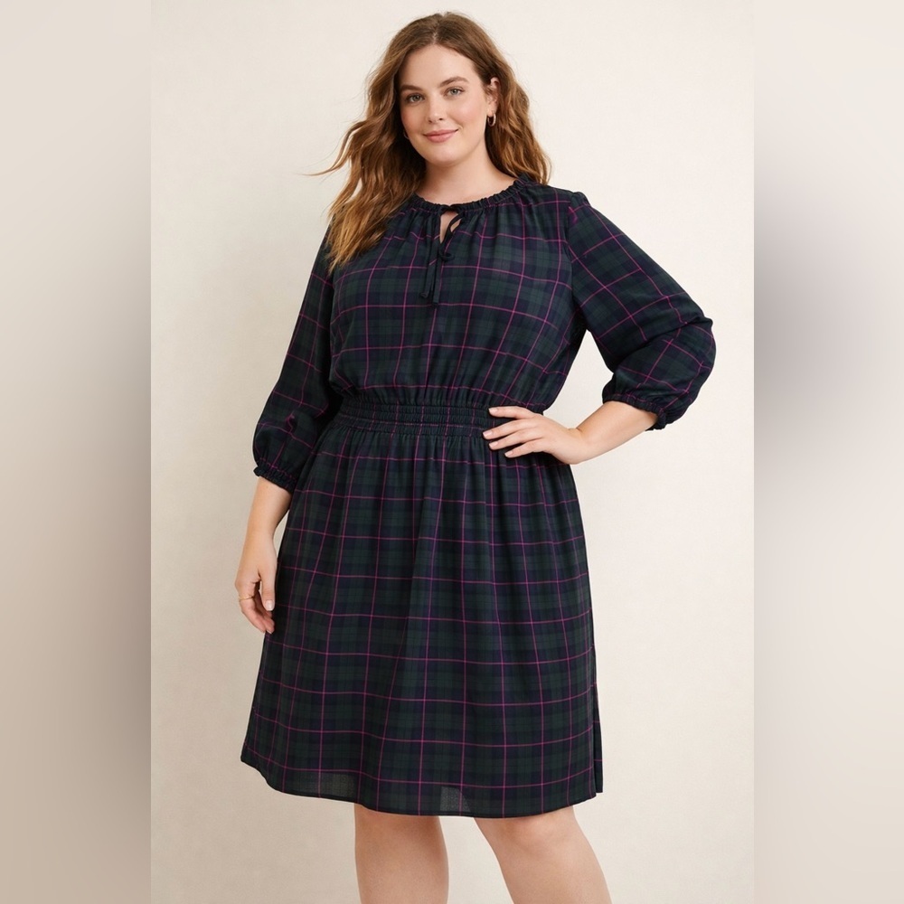 J. Crew Long Sleeve Dress in Green and Pink Plaid